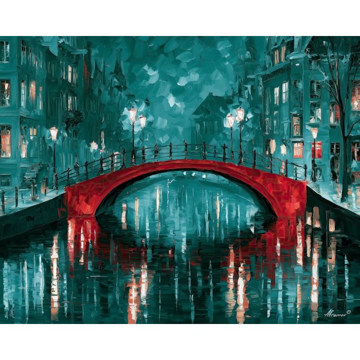 two colors after dark, unexpected color art, afremov style cityscape, bridge, mint red palette, palette knife art, bright wall art, city reflections, textured oil painting, 5:4 painting