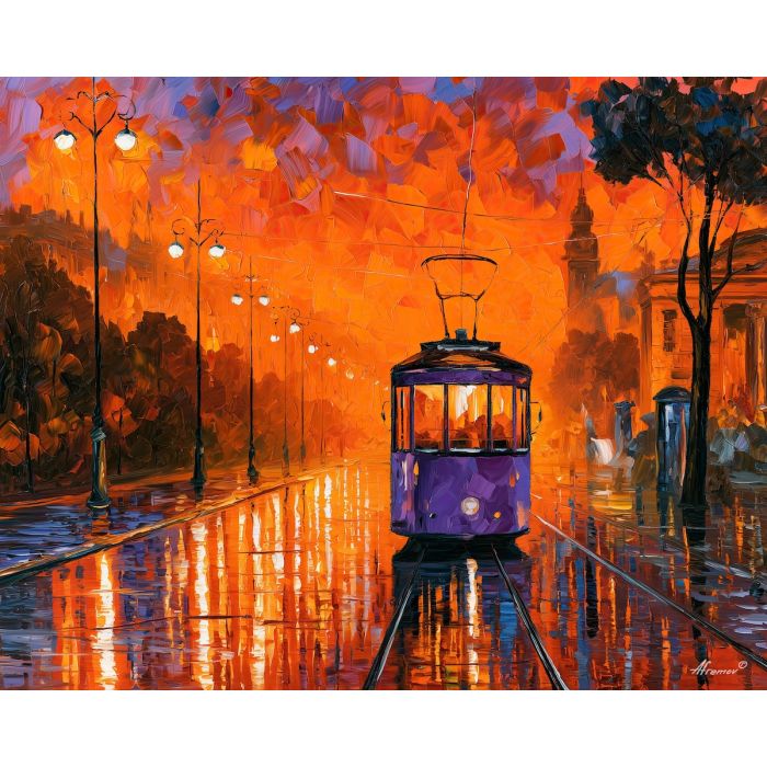 a single color turn, unexpected color art, afremov style cityscape, tram, orange purple palette, palette knife art, bright wall art, city reflections, textured oil painting, 5:4 painting