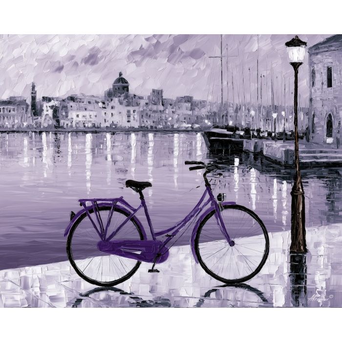 two tones one city, unexpected color art, afremov style cityscape, bicycle, white violet palette, palette knife art, bright wall art, city reflections, textured oil painting, 5:4 painting