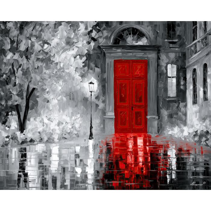 the other color, unexpected color art, afremov style cityscape, doorway, white red palette, palette knife art, bright wall art, city reflections, textured oil painting, 5:4 painting