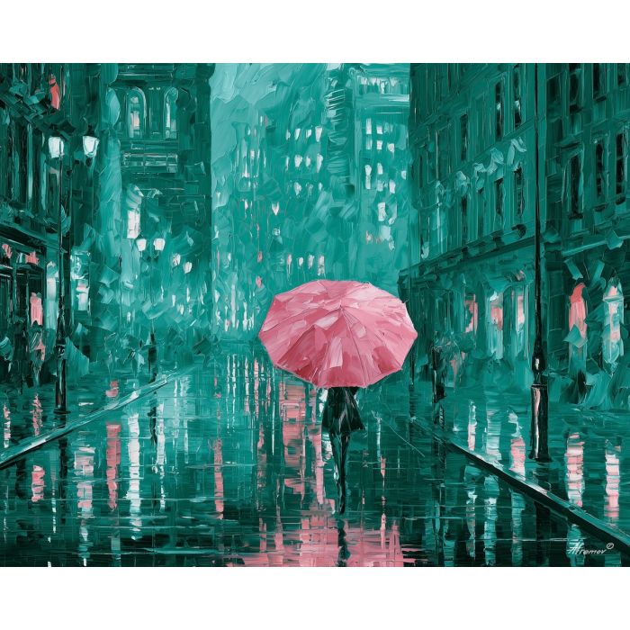 the contrast stays, unexpected color art, afremov style cityscape, umbrella, emerald pink palette, palette knife art, bright wall art, city reflections, textured oil painting, 5:4 painting