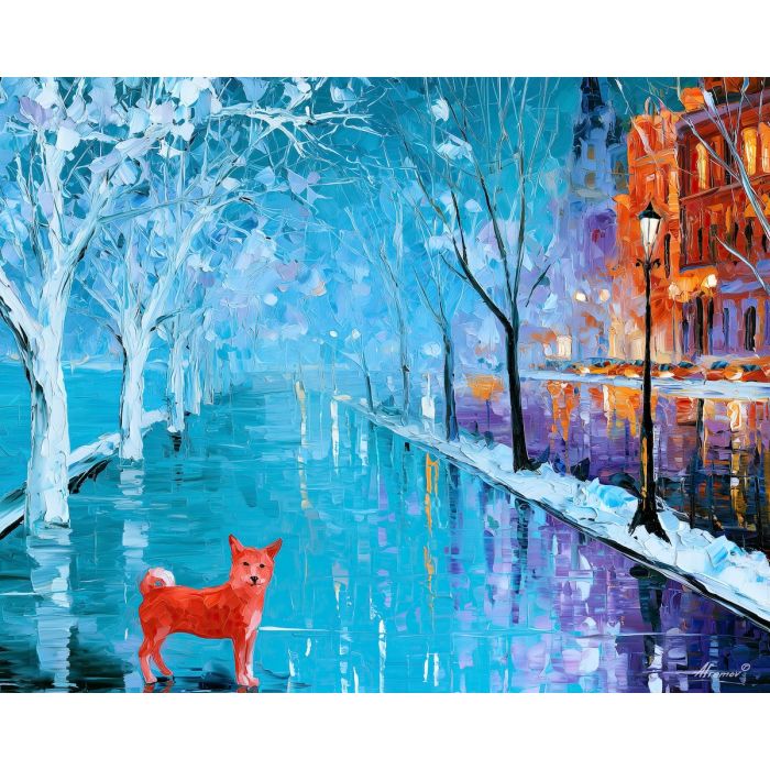 coral dog promenade, unexpected color art, afremov style cityscape, coral dog, turquoise promenade, palette knife art, bright wall art, city reflections, textured oil painting, 5:4 painting