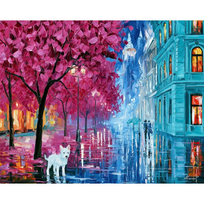 white dog at dusk, unexpected color art, afremov style cityscape, white dog, magenta trees, palette knife art, bright wall art, city reflections, textured oil painting, 5:4 painting