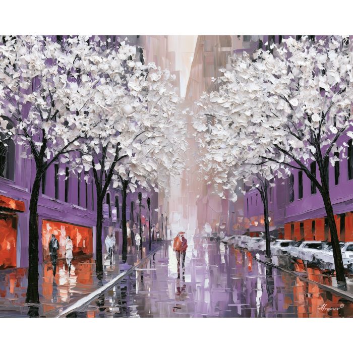 white canopy city, unexpected color art, afremov style cityscape, white tree canopy, purple facades, palette knife art, bright wall art, city reflections, textured oil painting, 5:4 painting