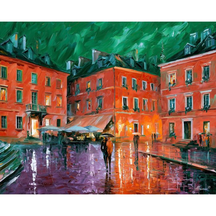 green sky quarter, unexpected color art, afremov style cityscape, emerald-green sky, coral city, palette knife art, bright wall art, city reflections, textured oil painting, 5:4 painting