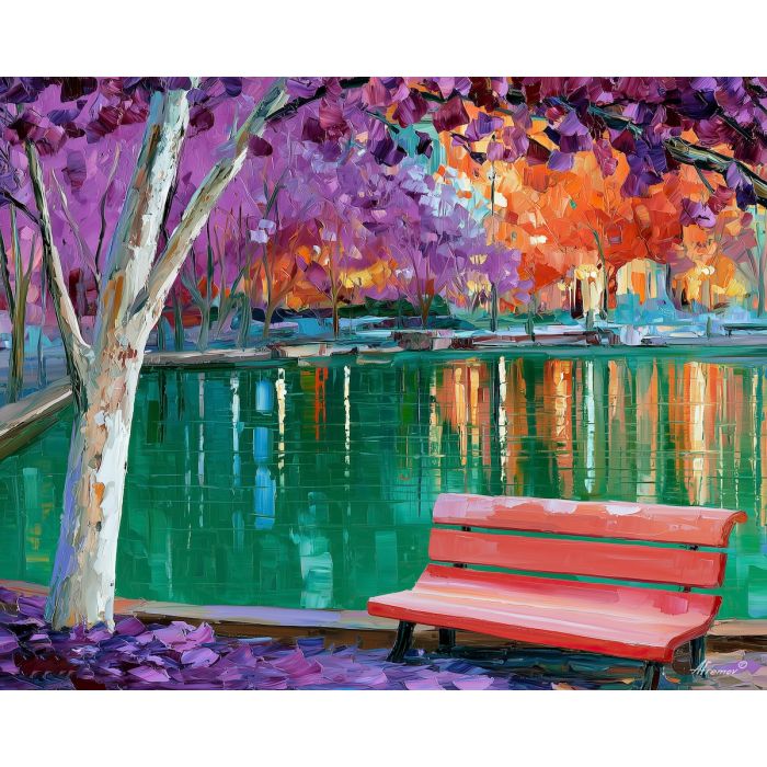 green pond reverie, unexpected color art, afremov style cityscape, emerald pond, white trunks, palette knife art, bright wall art, city reflections, textured oil painting, 5:4 painting