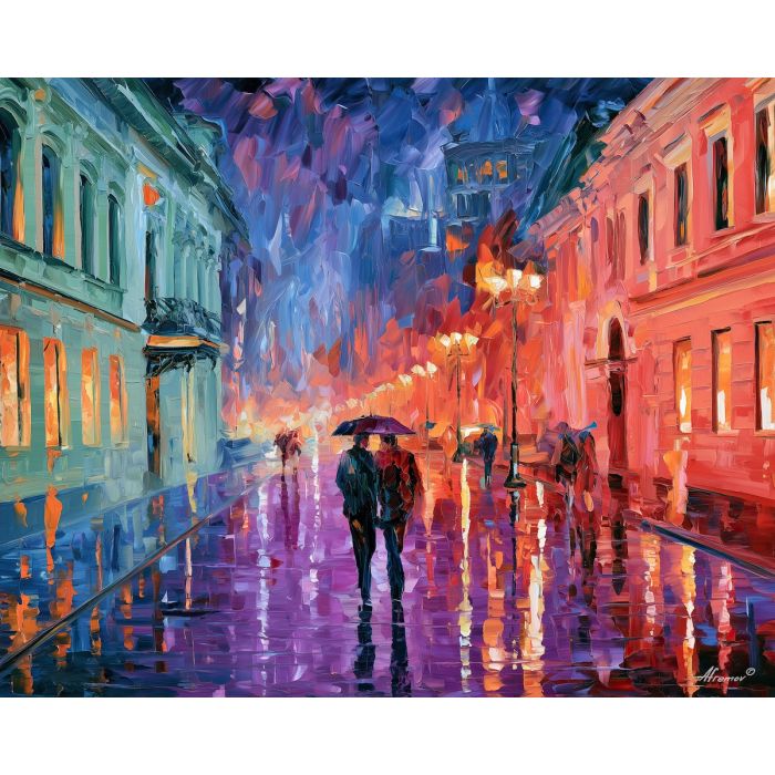 violet pavement rain, unexpected color art, afremov style cityscape, violet pavement, green and coral city, palette knife art, bright wall art, city reflections, textured oil painting, 5:4 painting