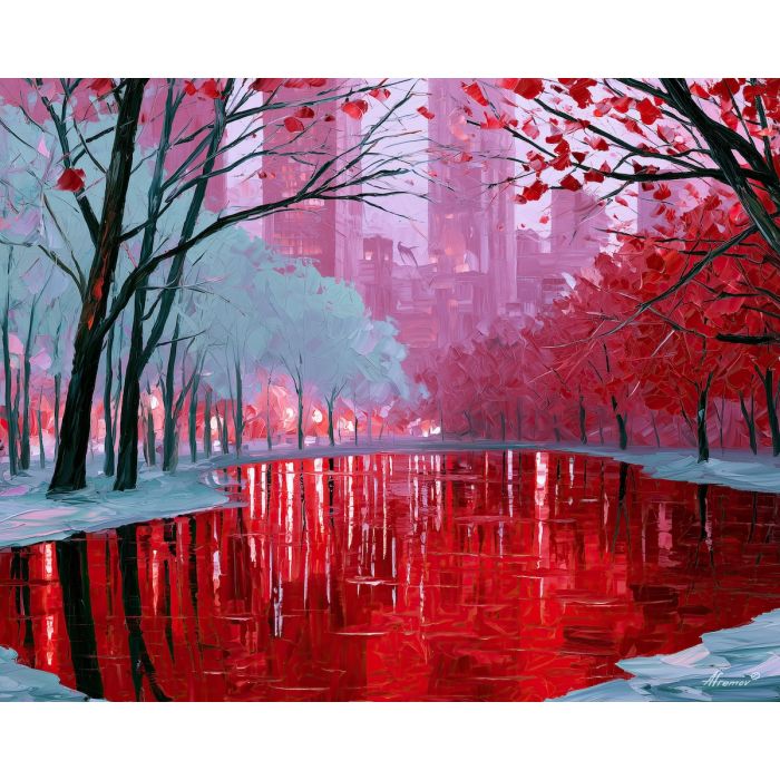 crimson pond light, unexpected color art, afremov style cityscape, crimson pond, mint trees, palette knife art, bright wall art, city reflections, textured oil painting, 5:4 painting