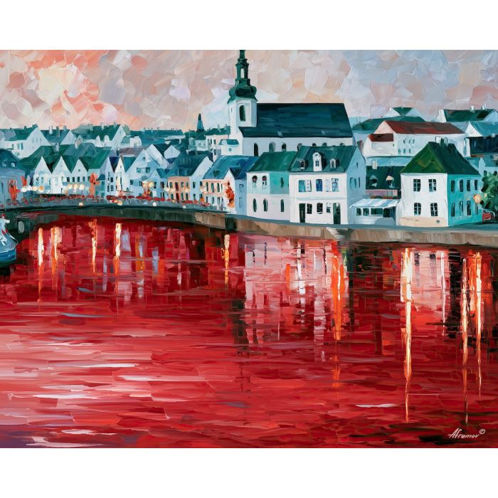 red river morning, unexpected color art, afremov style cityscape, scarlet river, white and turquoise waterfront, palette knife art, bright wall art, city reflections, textured oil painting, 5:4 painting