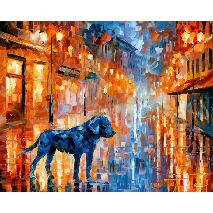blue dog crossing, unexpected color art, afremov style cityscape, cobalt-blue dog, coral reflections, palette knife art, bright wall art, city reflections, textured oil painting, 5:4 painting
