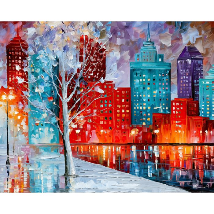 silver tree promenade, unexpected color art, afremov style cityscape, silver-white tree, red and turquoise city, palette knife art, bright wall art, city reflections, textured oil painting, 5:4 painting