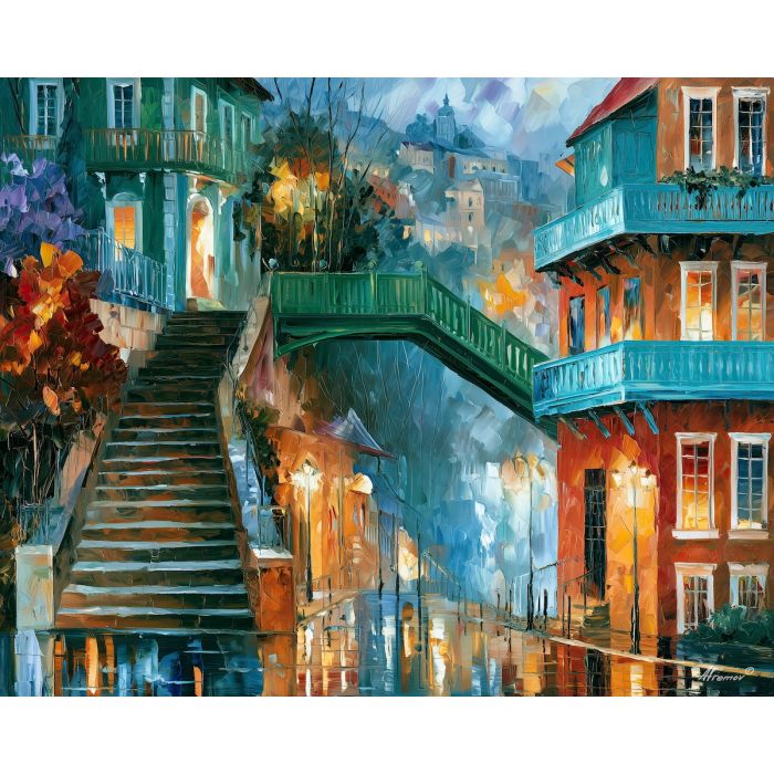 turquoise balconies at dusk, afremov style cityscape, unexpected colors, green bridge, palette knife art, bright wall art, city reflections, textured oil painting, decorative cityscape, 5:4 painting