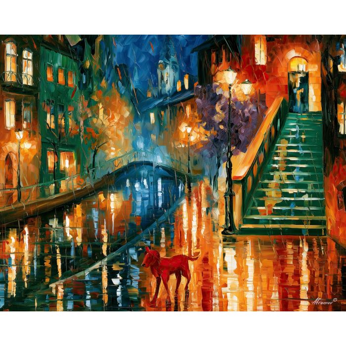 red dog by emerald stairs, afremov style cityscape, unexpected colors, red dog, palette knife art, bright wall art, city reflections, textured oil painting, decorative cityscape, 5:4 painting