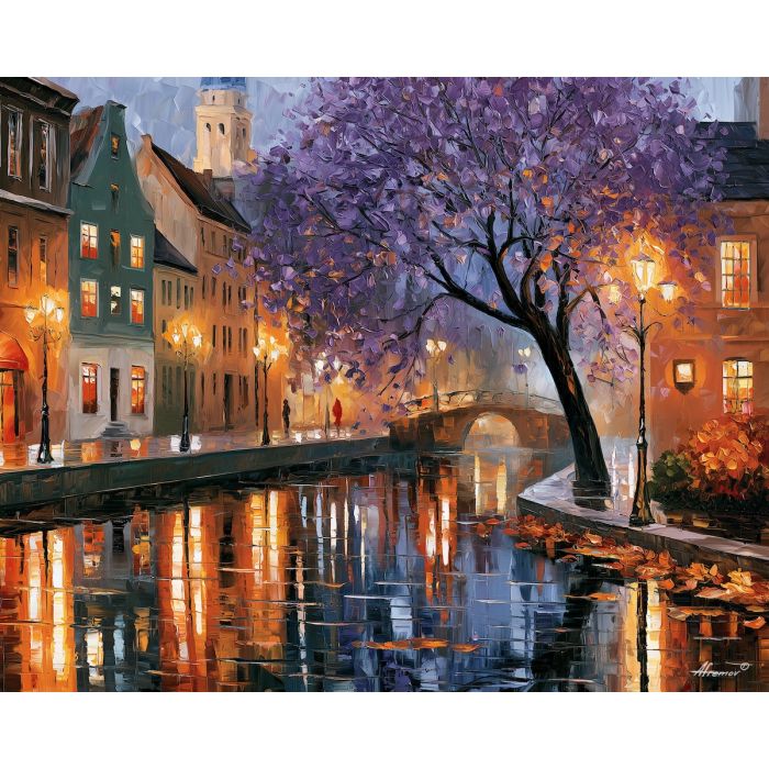 purple tree over stone, afremov style cityscape, unexpected colors, purple tree, palette knife art, bright wall art, city reflections, textured oil painting, decorative cityscape, 5:4 painting