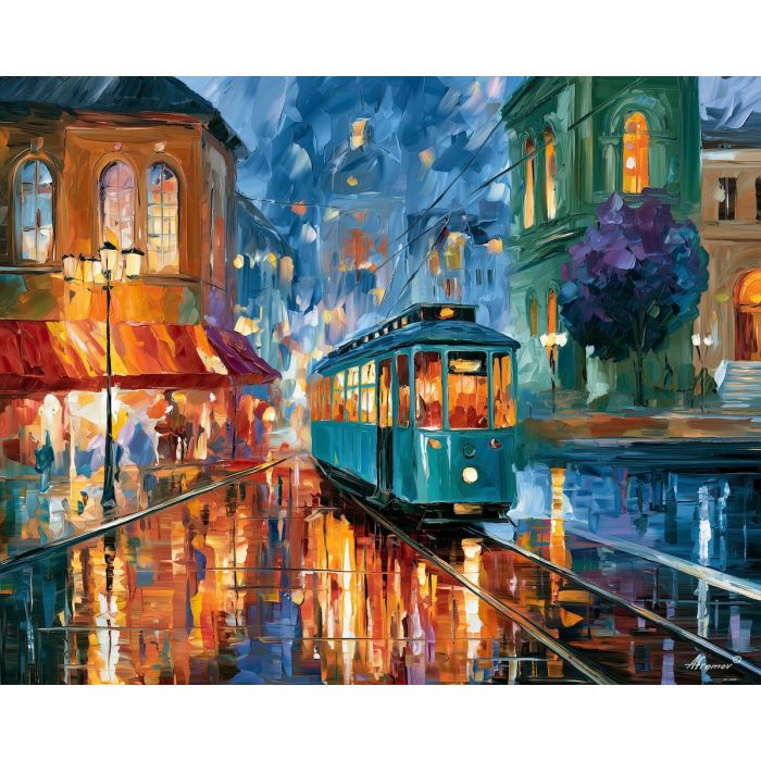 turquoise windowlight, afremov style cityscape, unexpected colors, turquoise tram, palette knife art, bright wall art, city reflections, textured oil painting, decorative cityscape, 5:4 painting