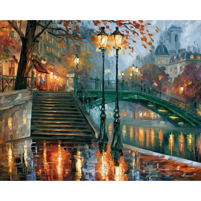 emerald lamps over stone, afremov style cityscape, unexpected colors, green bridge, palette knife art, bright wall art, city reflections, textured oil painting, decorative cityscape, 5:4 painting