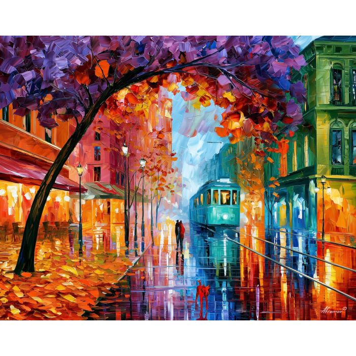 green city with a red dog, afremov style cityscape, unexpected colors, purple tree, palette knife art, bright wall art, city reflections, textured oil painting, decorative cityscape, 5:4 painting