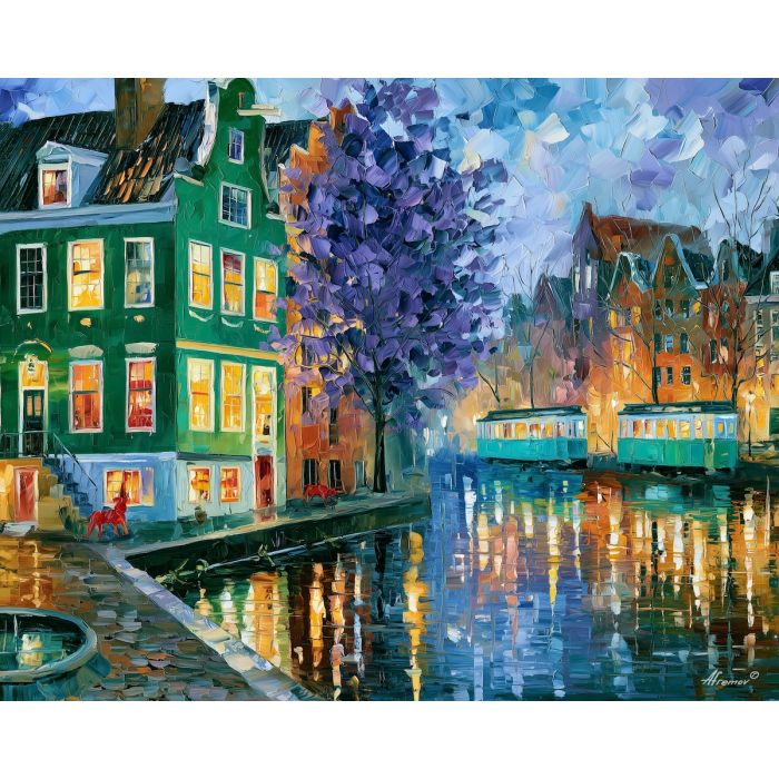 green facades at golden hour, afremov style cityscape, unexpected colors, purple tree, palette knife art, bright wall art, city reflections, textured oil painting, decorative cityscape, 5:4 painting