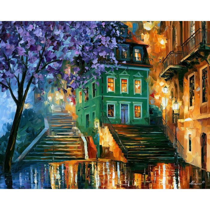 purple leaves over stairs, afremov style cityscape, unexpected colors, green building, palette knife art, bright wall art, city reflections, textured oil painting, decorative cityscape, 5:4 painting