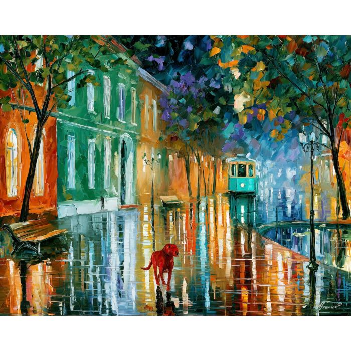 red dog and the green city, afremov style cityscape, unexpected colors, red dog, palette knife art, bright wall art, city reflections, textured oil painting, decorative cityscape, 5:4 painting