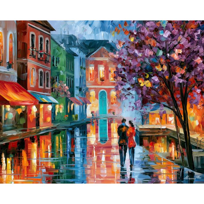 purple tree crossing, afremov style cityscape, unexpected colors, turquoise doorway, palette knife art, bright wall art, city reflections, textured oil painting, decorative cityscape, 5:4 painting