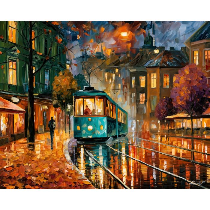 emerald roofs in evening, afremov style cityscape, unexpected colors, turquoise tram, palette knife art, bright wall art, city reflections, textured oil painting, decorative cityscape, 5:4 painting