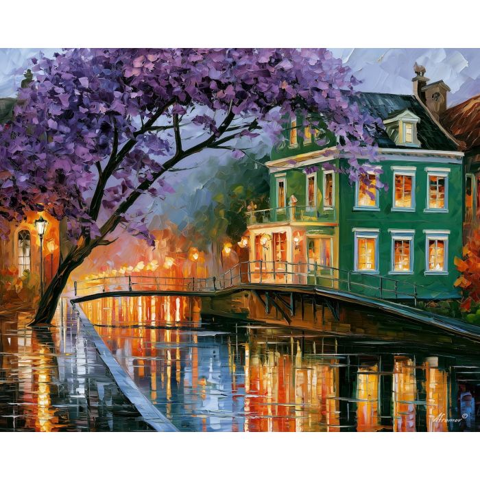 green building by the canal, afremov style cityscape, unexpected colors, purple tree, palette knife art, bright wall art, city reflections, textured oil painting, decorative cityscape, 5:4 painting