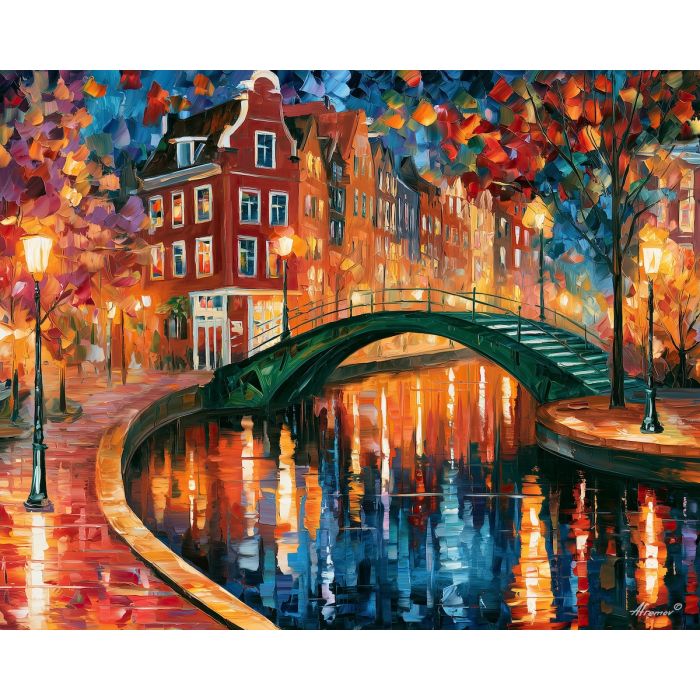 emerald street of lanterns, afremov style cityscape, unexpected colors, green bridge, palette knife art, bright wall art, city reflections, textured oil painting, decorative cityscape, 5:4 painting