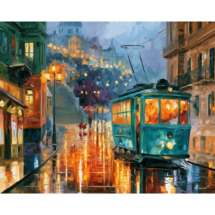 turquoise tram window, afremov style cityscape, unexpected colors, emerald facades, palette knife art, bright wall art, city reflections, textured oil painting, decorative cityscape, 5:4 painting