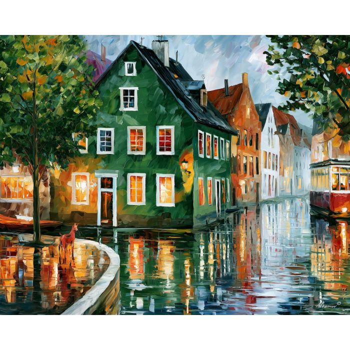 a city of green walls, afremov style cityscape, unexpected colors, green building, palette knife art, bright wall art, city reflections, textured oil painting, decorative cityscape, 5:4 painting