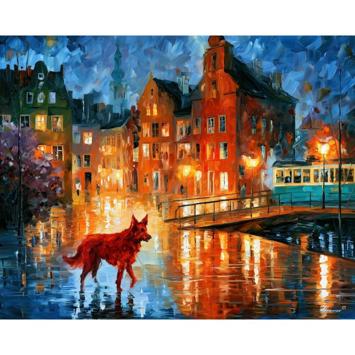 red dog with blue shadows, afremov style cityscape, unexpected colors, red dog, palette knife art, bright wall art, city reflections, textured oil painting, decorative cityscape, 5:4 painting