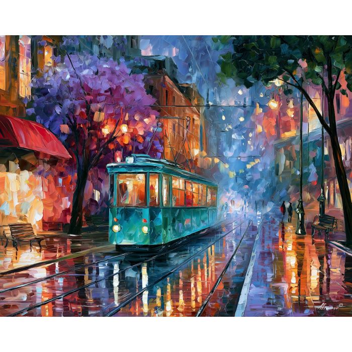 violet tree and red awning, afremov style cityscape, unexpected colors, turquoise tram, palette knife art, bright wall art, city reflections, textured oil painting, decorative cityscape, 5:4 painting