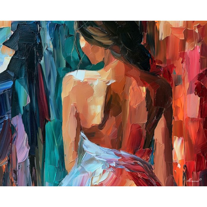the quiet backline, abstract sensuality art, single woman painting, single woman from behind, abstract contour, palette knife art, decorative painting, textured oil painting, afremov inspired, 5:4 painting
