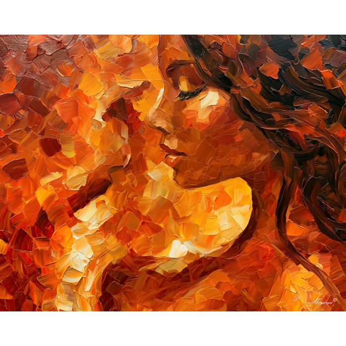 the last warm gesture, abstract sensuality art, single woman painting, intimate feminine gesture, glowing abstraction, palette knife art, decorative painting, textured oil painting, afremov inspired, 5:4 painting