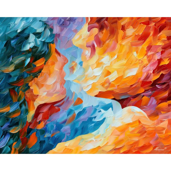 the brighter breath, abstract sensuality art, subtle attraction, shared breath, color bands, palette knife art, decorative painting, textured oil painting, afremov inspired, 5:4 painting