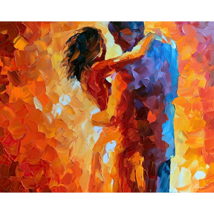 close enough to glow, abstract sensuality art, subtle attraction, close figures, radiant color, palette knife art, decorative painting, textured oil painting, afremov inspired, 5:4 painting
