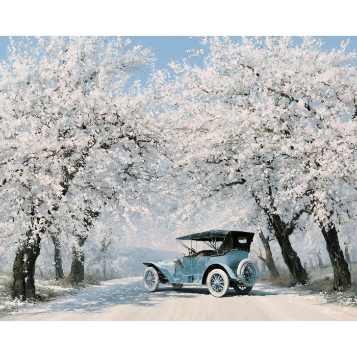 almond blossom way, early 1900s car, brass era automobile, almond blossom road, pale countryside, vintage car painting, classic automobile art, decorative wall art, textured oil painting, 5:4 painting