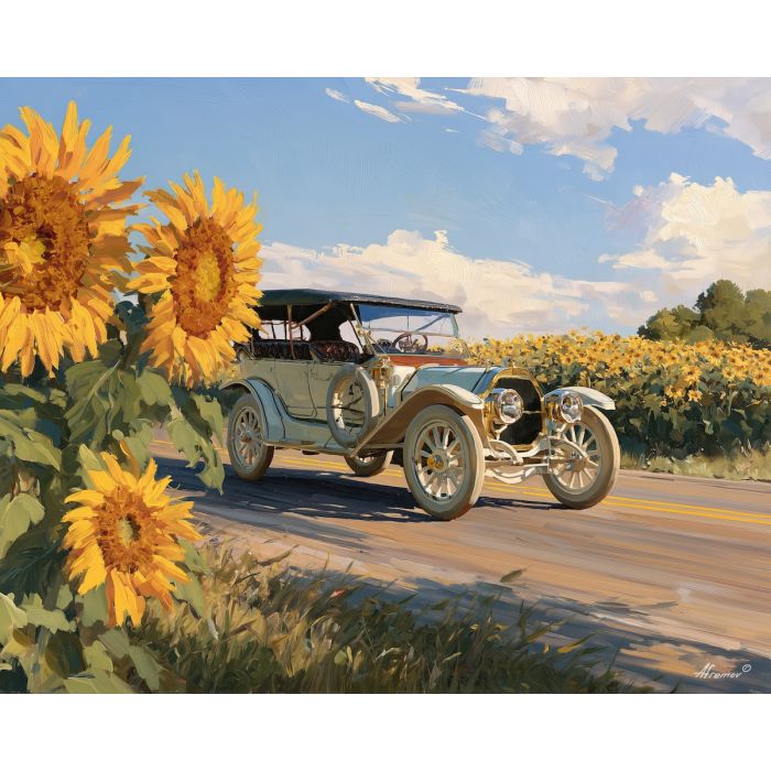 sunflower turnpike, early 1900s car, brass era automobile, sunflower road, open sky, vintage car painting, classic automobile art, decorative wall art, textured oil painting, 5:4 painting