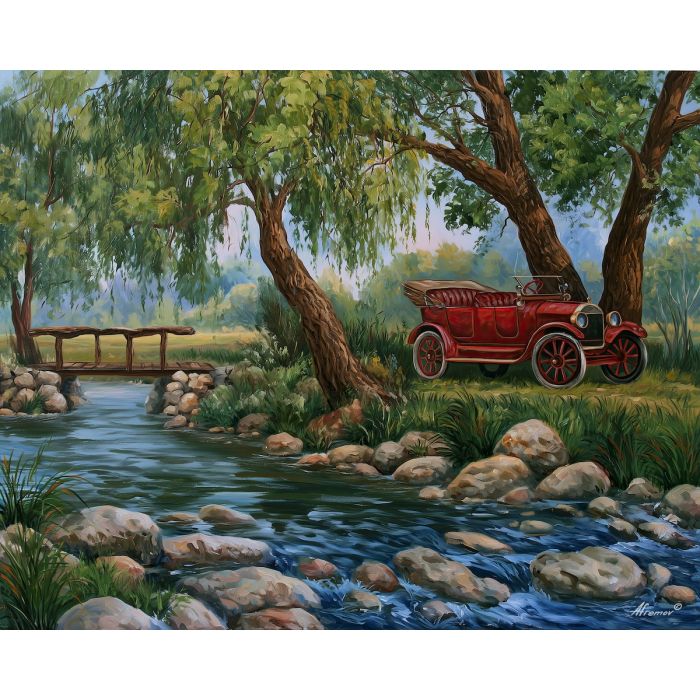 brookside machine, early 1900s car, brass era automobile, brookside scene, simple footbridge, vintage car painting, classic automobile art, decorative wall art, textured oil painting, 5:4 painting