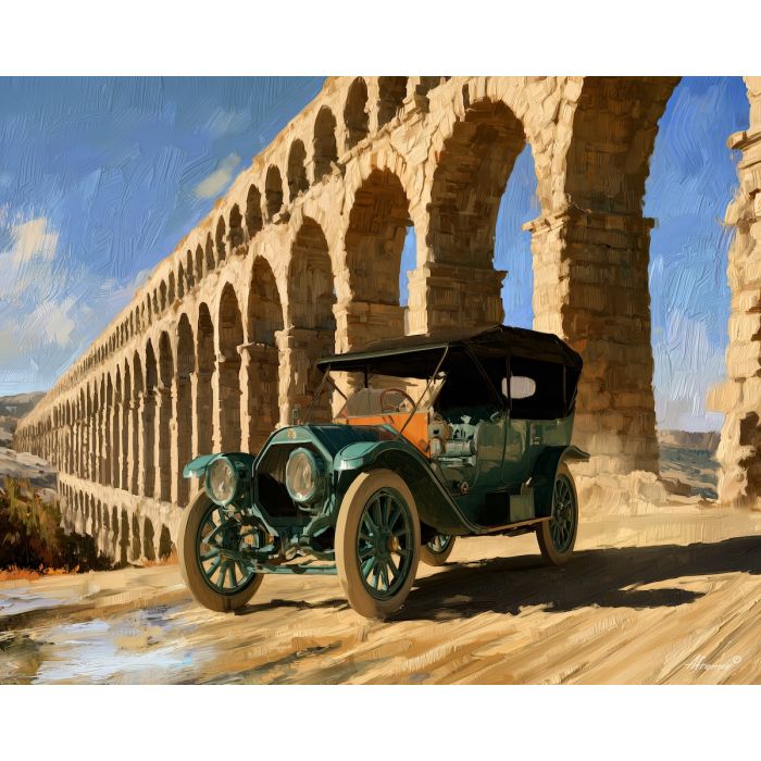 under the aqueduct, early 1900s car, brass era automobile, aqueduct setting, wide landscape, vintage car painting, classic automobile art, decorative wall art, textured oil painting, 5:4 painting
