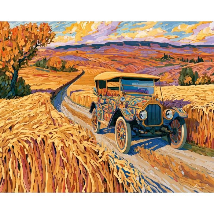 wheatfield passage, early 1900s car, brass era automobile, wheatfield road, golden fields, vintage car painting, classic automobile art, decorative wall art, textured oil painting, 5:4 painting