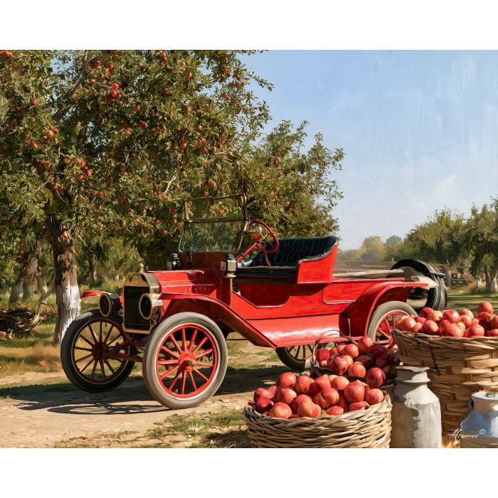 the apple farm turn, early 1900s car, brass era automobile, apple farm, orchard trees, vintage car painting, classic automobile art, decorative wall art, textured oil painting, 5:4 painting