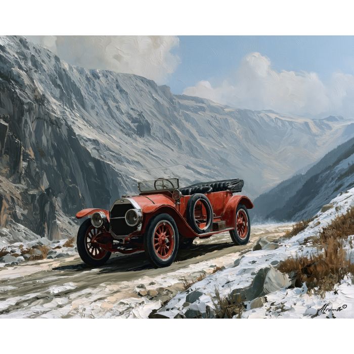 silver mountain pass, early 1900s car, brass era automobile, mountain pass, distant peaks, vintage car painting, classic automobile art, decorative wall art, textured oil painting, 5:4 painting