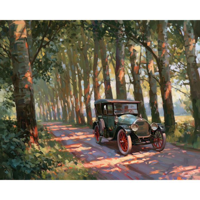 under poplar trees, early 1900s car, brass era automobile, poplar-lined road, country setting, vintage car painting, classic automobile art, decorative wall art, textured oil painting, 5:4 painting