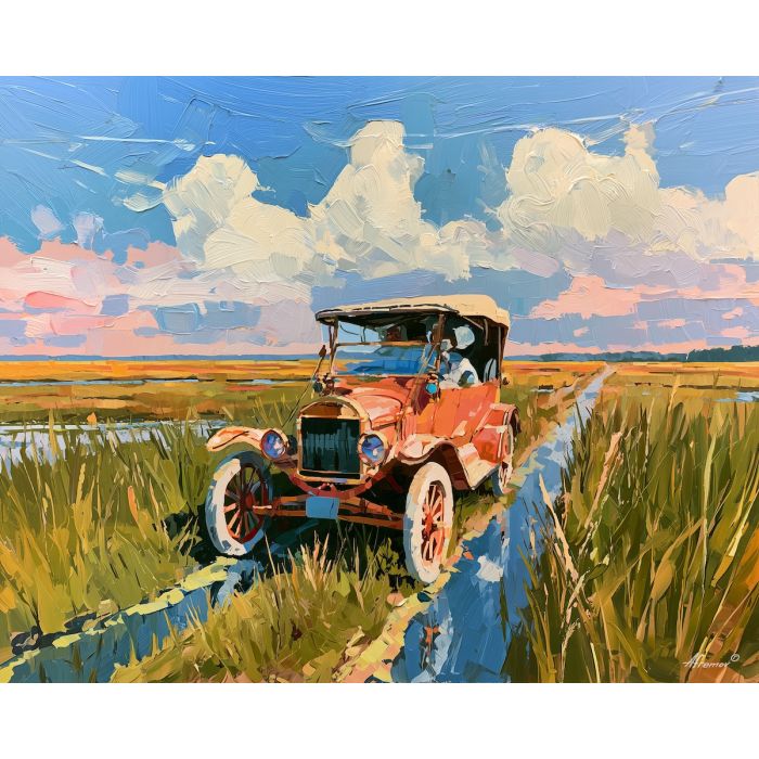 marshland track, early 1900s car, brass era automobile, marshland track, long grasses, vintage car painting, classic automobile art, decorative wall art, textured oil painting, 5:4 painting