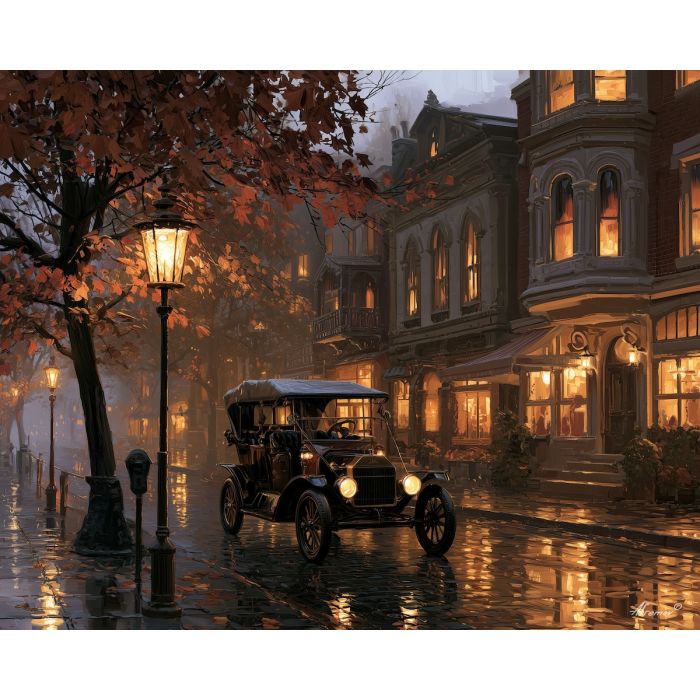 lantern road, early 1900s car, brass era automobile, old town street, lamplit cobblestones, vintage car painting, classic automobile art, decorative wall art, textured oil painting, 5:4 painting