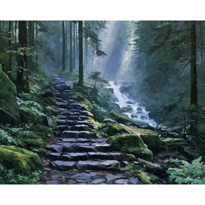 Jesenik painting, Czechia waterfall art, mountain trail decor, Afremov style oil painting, palette knife landscape, forest waterfall scene, scenic nature wall art, misty stream painting, travel decor, outdoor adventure art