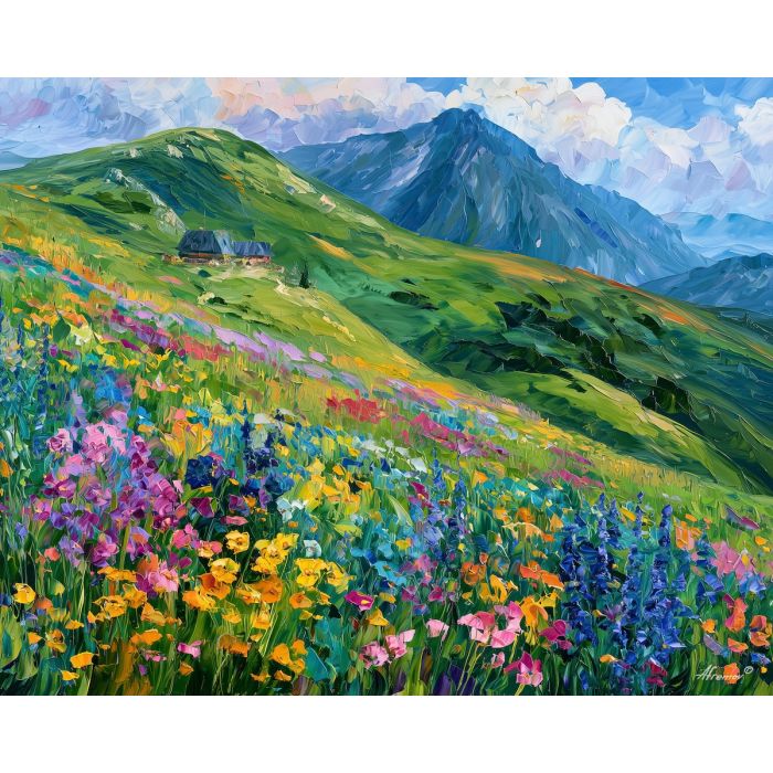 Giant Mountains painting, Czechia alpine art, wildflower meadow decor, Afremov style oil painting, palette knife landscape, mountain flower artwork, summer nature wall art, scenic travel painting, lodge landscape art, bright countryside decor