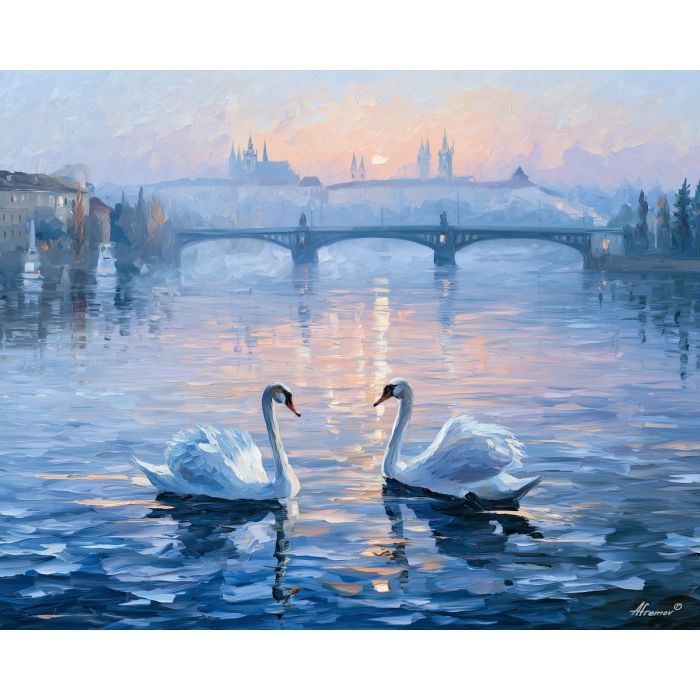 Vltava swan painting, Prague river art, Czechia nature decor, Afremov style oil painting, palette knife landscape, dawn river painting, swan wall art, misty cityscape artwork, peaceful Prague art, waterside decor