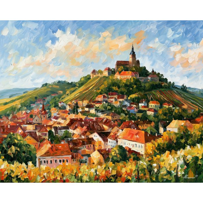 Mikulov painting, Czechia castle art, Moravia wall decor, Afremov style oil painting, palette knife landscape, vineyard town artwork, hilltop castle painting, travel decor, colorful rooftop art, heritage wall art